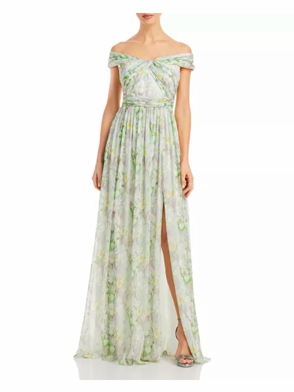 Adrianna Papell Floral Off Shoulder Chiffon Gown Size 14 Tailored Bust Support